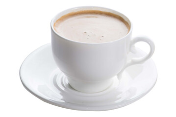 Ceramic white cup with coffee. Coffee with milk foam in a white cup. Isolated white coffee cup with coffee drink with foam. Shooting at 45 degrees