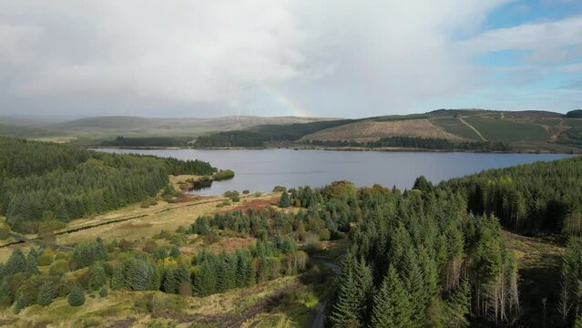 Aerial view of the Carron Valley Water Reservoir in rural Scotland