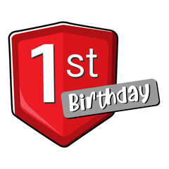 1st birthday on red Secure shield. 
vector illustration isolated on white background. Flat design 
