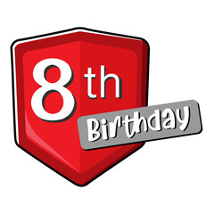 8th birthday on red Secure shield. 
vector illustration isolated on white background. Flat design 