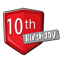 10th birthday on red Secure shield. 
vector illustration isolated on white background. Flat design 