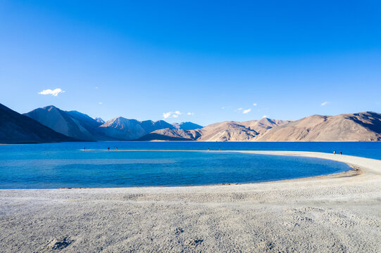Aerial landscape of Pangong Lake  and mountains with clear blue sky, it's a highest saline water lake in Himalayas range, landmarks and popular for tourist attractions in Leh, Ladakh, India, Asia