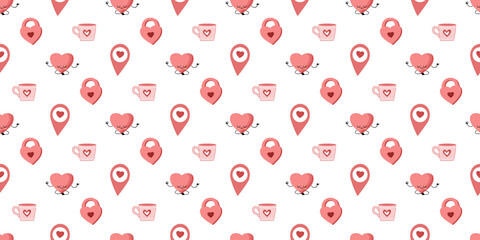 Background for valentine's day with locks, hearts. Cute kawaii seamless pattern.Pink hearts.