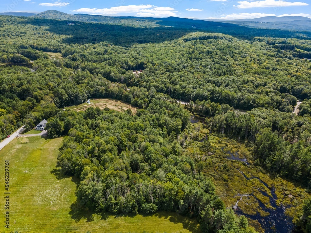 Sticker Aerial view of a forest with a modern custom new England colonial home