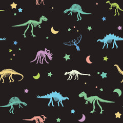 Glowing dinosaur bones and night sky stars vector seamless pattern. © GooseFrol