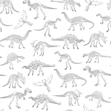 Dinosaur bones vector line seamless pattern.