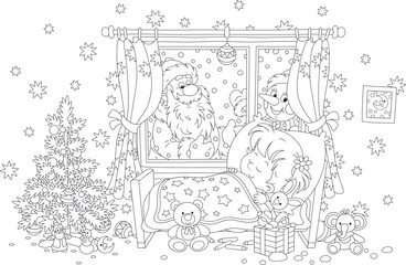 Santa Claus and a funny snowman with holiday gifts peeking through a nursery window of a sleeping little girl on the snowy night before Christmas, black and white vector cartoon
