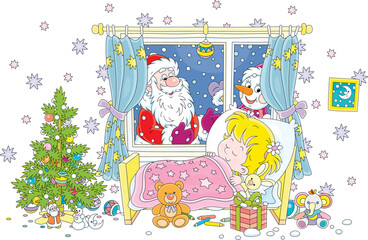 Santa Claus and a funny snowman with holiday gifts peeking through a nursery window of a sleeping little girl on the snowy night before Christmas, vector cartoon illustration