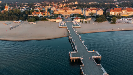The Sopot Pier and beautiful Sopot, Poland. Amazing view from drone. - obrazy, fototapety, plakaty