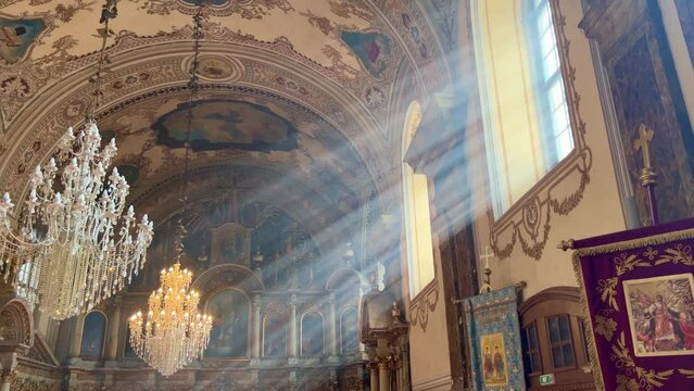 Beautiful beam of light in  Serbian orthodox Episcopal Church in Timisoara