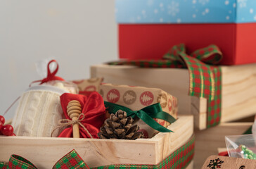 Focus on a box with christmas gifts and decoration