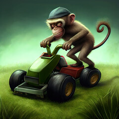 Monkey pushing lawnmower