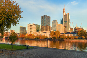 Frankfurt am Main, Germany - October 17th, 2022: Beautiful view to modern buildings in the city of Frankfurt am Main where historic and contemporary architecture meet.