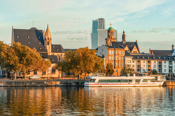 Frankfurt am Main, Germany - October 17th, 2022: Beautiful view to historic old town and modern buildings in the city of Frankfurt am Main where historic and contemporary architecture meet.