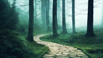 Winding stone path in a mystical forest - obrazy, fototapety, plakaty