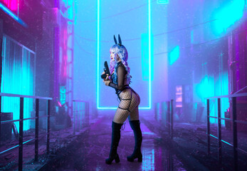cyberpunk cosplay of a sexy girl in a boudoir outfit with a gun and bunny ears