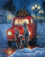 Oil painting on canvas - cheerful little boy holding his sisters hands in his arms. Christmas tree in the retro car roof. Winter snowy evening town landscape. Original Hand drawn picture on canvas.