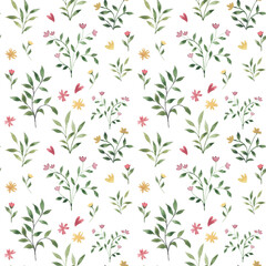 Fototapeta na wymiar Cute watercolor seamless pattern with minimalist flowers and leaves. Watercolor illustration for textiles, stationery and other design decorations