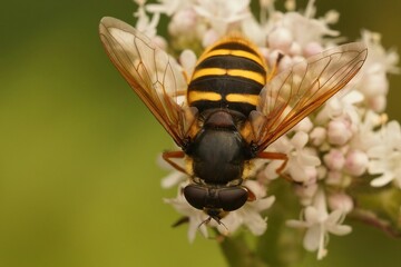 Closeup of a hoverfly pollinating beautiful small flowers