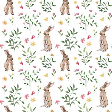 Watercolor cute seamless pattern with rabbits and flowers. Designer print for textiles, children's things, baby room. Easter pattern.