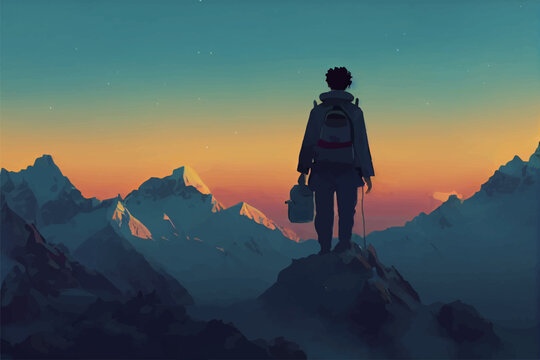 Digital concept illustration of a traveler standing on the top of a mountain and looking into the distance. Can be used for New Year, self-fulfilling issue backgrounds, wallpapers, and banners.