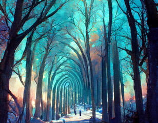 Fairytale winter forest background. Magic colorful digital illustration