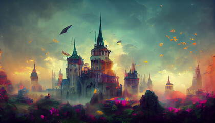 Fantasy magic castle at dawn in fog background. Abstract fairy tale city digital illustration