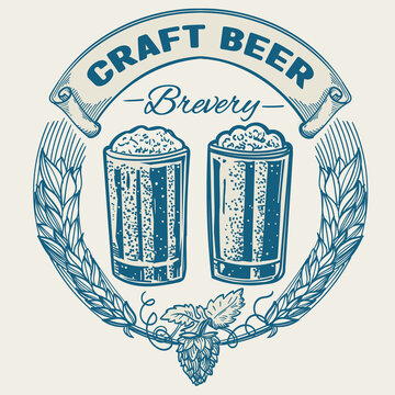 Craft beer brevery - glass of beer vintage style decorative monochrome emblem