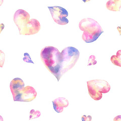 Seamless watercolor pattern with light colorful hearts. Light and soft tints of pink, girlish design. Hand-painted romantic texture for packaging, wedding, birthday, Valentine's Day.