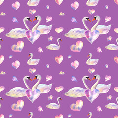 Seamless watercolor pattern with swans and colorful hearts on purple background. Watercolor hand draw illustration.