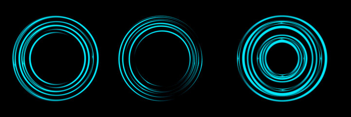 Gradient neon circle frame set. Line light. Glowing border isolated on dark background. Colorful night banner, vector light effect. Bright luminous form.	