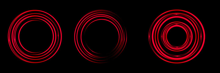 Gradient neon circle frame set. Line light. Glowing border isolated on dark background. Colorful night banner, vector light effect. Bright luminous form.	