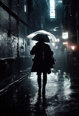 Illustration of a woman walking on a dark cyberpunk Gotham's alley on a foggy rainy night. A city rife with corruption and crime, dark and mystic atmosphere . .,Generative AI	
