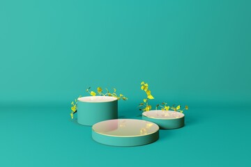 3d render of a products display podium with foilage green leaves on blue background