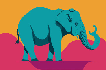 Blue elephant walking on a split background with orange and pink tones