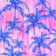 Blue palm trees on a pink watercolor background. Seamless tropics pattern