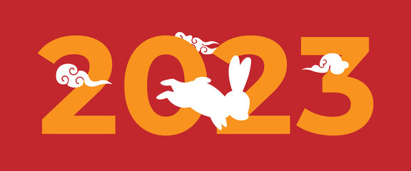 2023 Happy Chinese New Year. Chinese Lunar Year 2023. Year of the Rabbit. White rabbits. Vector illustration.