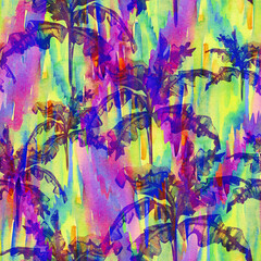 Tropical trees on a colorful watercolor background. Rainforest seamless pattern