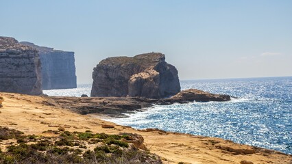 Famous Fungus Rock islet at Dwejra bay on Gozo island in Malta