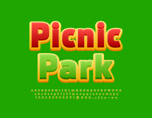 Vector artistic poster Picnic Park. Modern bright Font. Green and Yellow Alphabet Letters and Numbers set