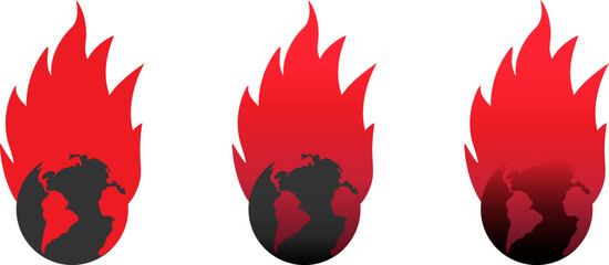 The world is on fire. Fire planet logo. Earth world burning icon. Armageddon concept. Flat vector illustration.