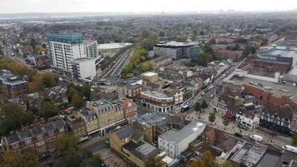 Fototapeta na wymiar Enfield town centre aerial drone view from above