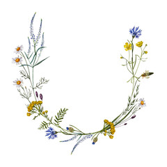 Gentle and graceful floral wreath with hand-painted watercolour illustrations of meadow wildflowers for rustic, boho style, botanical, organic projects, fabrics, print products, stationery © Jul