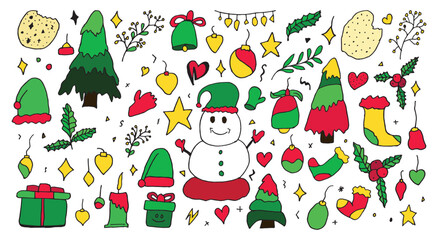 Christmas Hand-Drawn Doodle Graphics Elements Vector Set can be used in Christmas, New Year greeting cards, winter parties, invitations, room decorations, t-shirts, baby clothes, bags, pillows, mugs