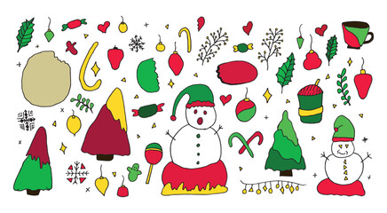 Naklejka premium Christmas Hand-Drawn Doodle Graphics Elements Vector Set can be used in Christmas, New Year greeting cards, winter parties, invitations, room decorations, t-shirts, baby clothes, bags, pillows, mugs