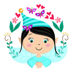 Illustration of a blue fairy surrounded by flowers