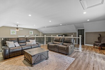 Beautiful interior design of a second floor lounge area in a modern new England colonial home