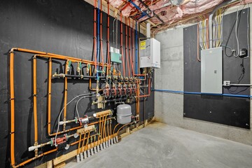 Basement of a modern new England colonial home with water pipes and electrical equipment