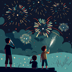 Vector illustration of kids shooting new years fireworks