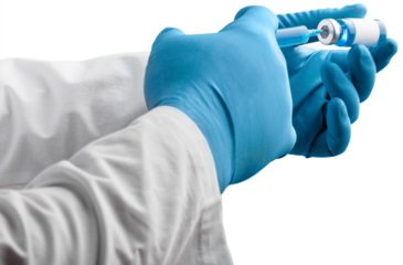 A doctor hand holds injection or vaccination with syringe